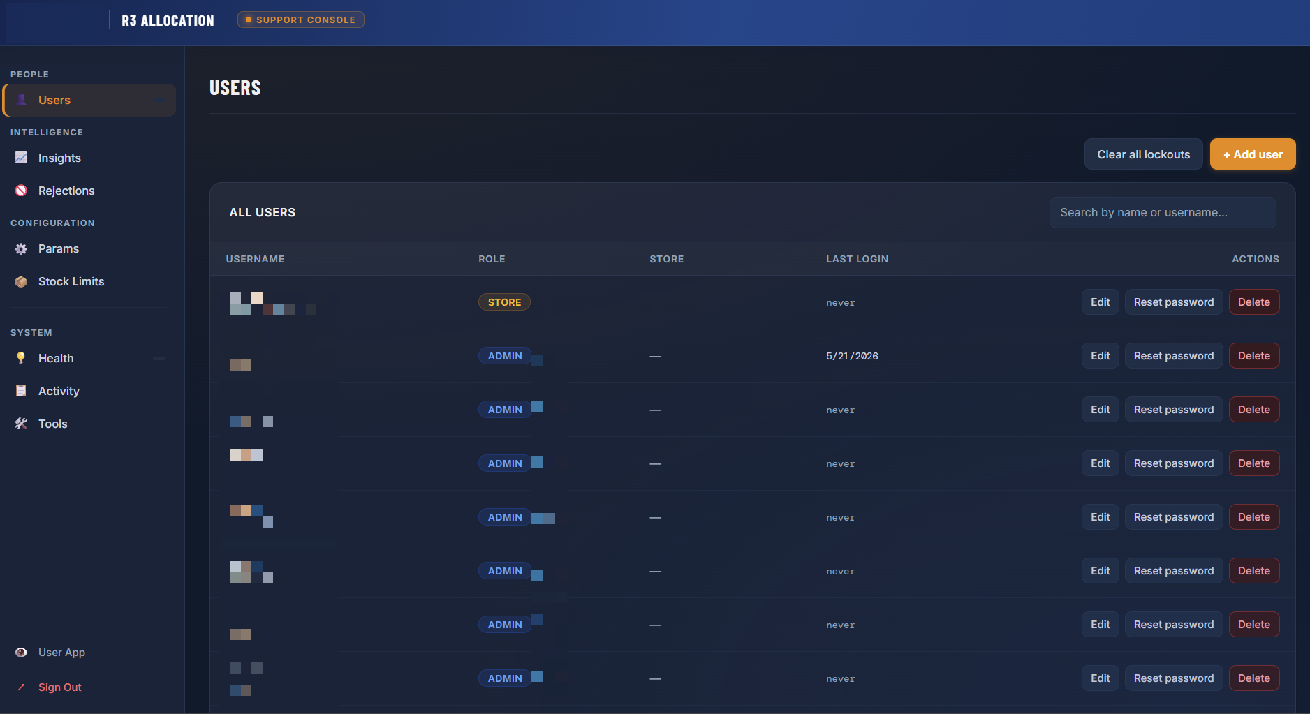 R3 Allocation support console showing user management with role based access