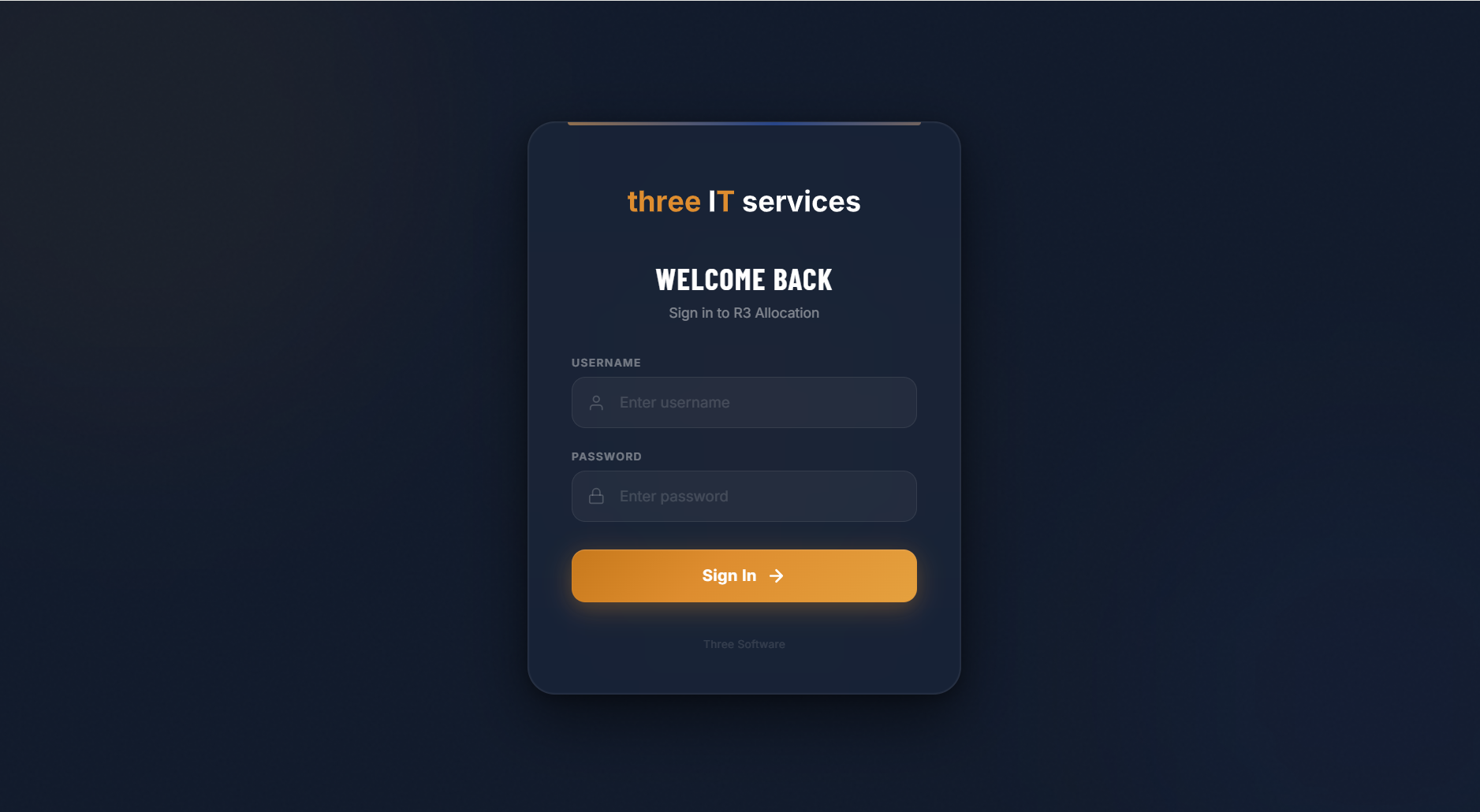 R3 Allocation login screen with three IT services branding